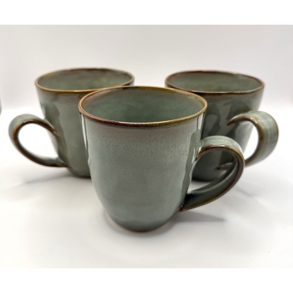 Set of 3 Simon Pearce Celadon Hand Thrown Stoneware Coffee Mugs Green Pottery